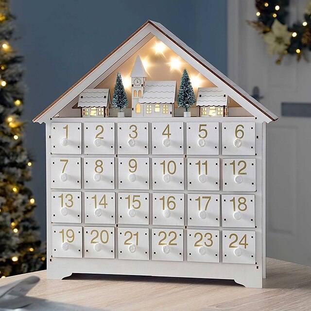 Christmas Advent Calendars Wood House LED Lights 24 Days Countdown ...