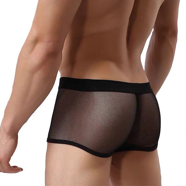  Men's 1pack Underwear Boxers Underwear Mesh Nylon Spandex Pure Color Low Waist Black White