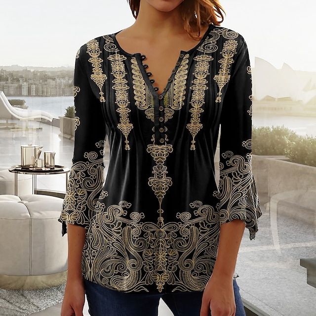  Women's T shirt Long Sleeve Blouse Graphic Vintage Basic Long Sleeve Round Neck Regular Tops Casual Weekend Buttons Print Black Spring Fall Prefall