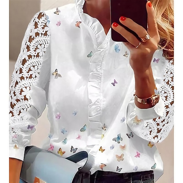  Dame Bluse T skjorte Blonde Sommerfugl Moderne V-hals Standard Vår & Vinter Hvit