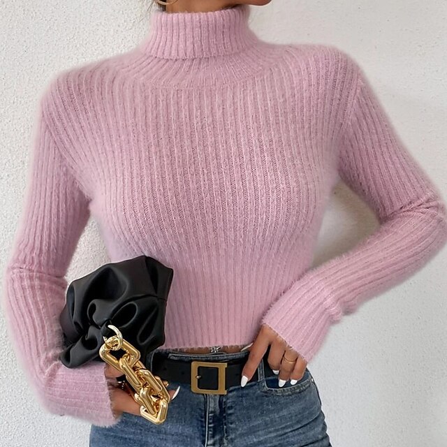  Women's Pullover Sweater Jumper Crochet Knit Knitted Turtleneck Pure Color Outdoor Daily Stylish Soft Winter Fall Black Pink S M L / Long Sleeve / Holiday / Regular Fit / Going out