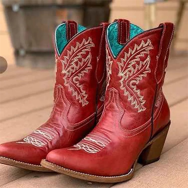  Women's Boots Cowboy Boots Cowgirl Boots Riding Boots Daily Solid Color Solid Colored Embroidered Booties Ankle Boots Winter Embroidery Chunky Heel Pointed Toe Vintage Casual Walking PU Leather Faux