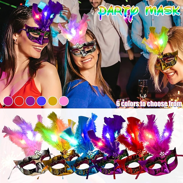  Halloween Masks Venetian LED Masks For Men Women Masquerade Ball Masquerade Party Princess Feather Mask Halloween Decorations Tabletop Halloween Party Supplies Halloween Masks For Adults