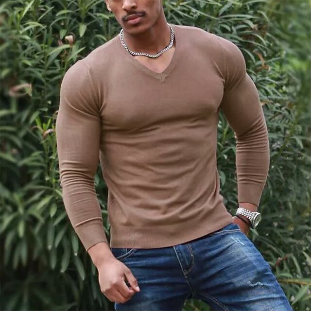Men's T Shirt Long Sleeve Shirt Long Sleeve V Neck Spring &  Fall Plain Fashion Designer Casual Street Sports Holiday Brown Top Tee for Men4