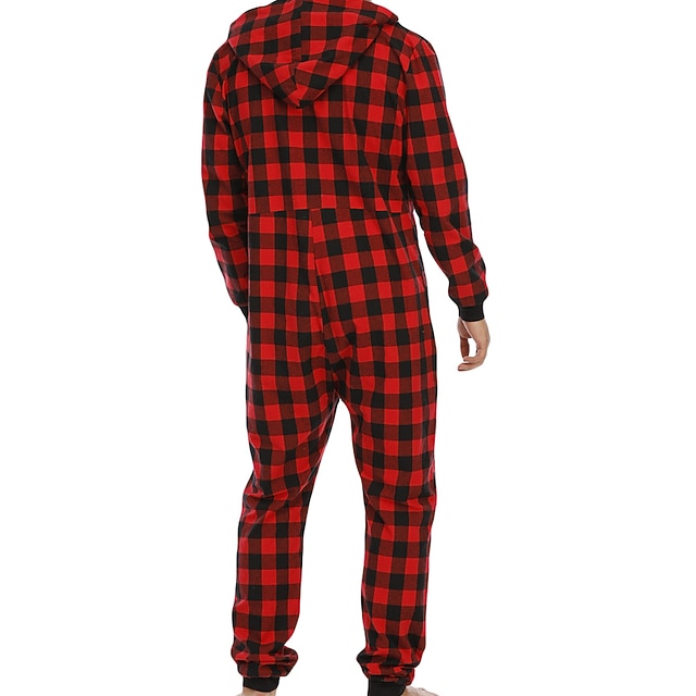  Hombre Ropa de salón Pijama Pijamas de una pieza 1 pc Cuadrícula / Cuadros Moda Confort Suave Hogar Cama Poliéster Templado Escote en V Básico Primavera Otoño Negro Rojo