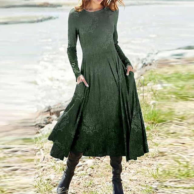 Women's Midi Dress Casual Dress Winter Dress Ethnic Dress Swing Dress Vacation Casual Modest Formal Outdoor Winter Dress Regular Fit Color Gradient Long Sleeve Round Neck Green Fall Winter Autumn4