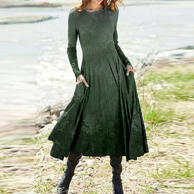Women's Midi Dress Casual Dress Winter Dress Ethnic Dress Swing Dress Vacation Casual Modest Formal Outdoor Winter Dress Regular Fit Color Gradient Long Sleeve Round Neck Green Fall Winter Autumn4