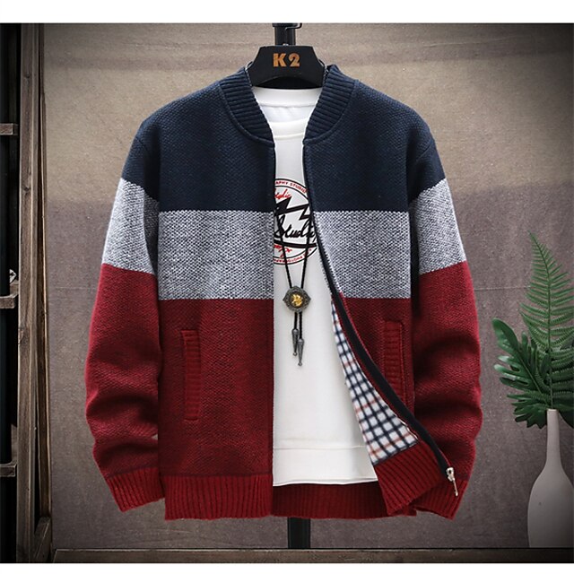 Men's Cropped  Sweater Cardigan Sweater Cardigan Coat Cardigan Jacket Ribbed Knit with Pockets Color Block Color Block Collarless Casual Daily Trendy Casual Daily Clothing Apparel Fall Red Navy Blue4