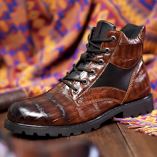 Men's Brown Faux Leather Lace-Up Boots with Crocodile Pattern and Rugged Sole, Stylish and Durable for Outdoor and Casual Wear 15