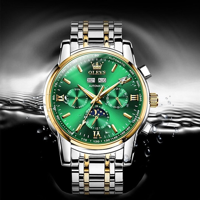  механические часы olevs для мужчин, роскошные бизнес-аналоговые наручные часы, светящийся календарь фаз луны, глубокие водонепроницаемые многофункциональные мужские часы с ремешком из нержавеющей стали