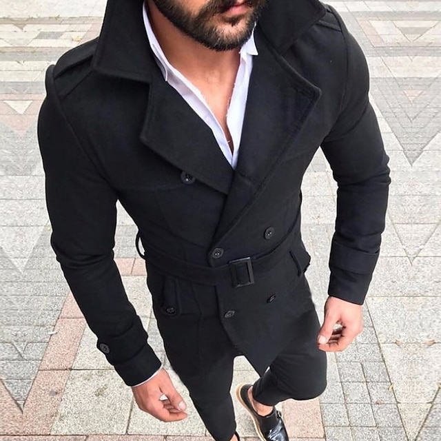  Men's Winter Coat Peacoat Short Coat Office Work Winter Fall Polyester Windproof Warm Outerwear Clothing Apparel Stylish Formal Style non-printing Pure Color Pocket Turndown Double Breasted