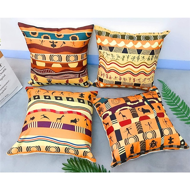  4 pcs Pillow Cover, Abstract Rustic Square Traditional Classic Home Sofa Decorative Faux Linen Cushion cover