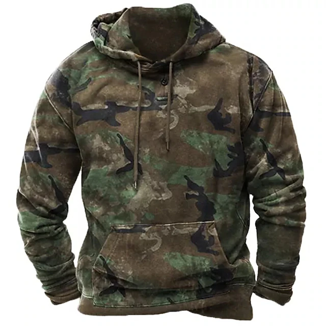 Men's Unisex Pullover Hoodie Sweatshirt Army Green Hooded Camouflage ...