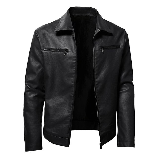  Men's Faux Leather Jacket Biker Jacket Motorcycle Jacket Daily Wear Thermal Warm Windproof with Pockets Fall Solid Color Casual Daily Lapel Regular Fit Black Red Jacket