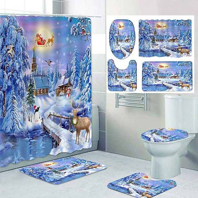 Christmas Snowy Pattern Printing Bathroom Shower Curtain Leisure Toilet Four-Piece Design 5