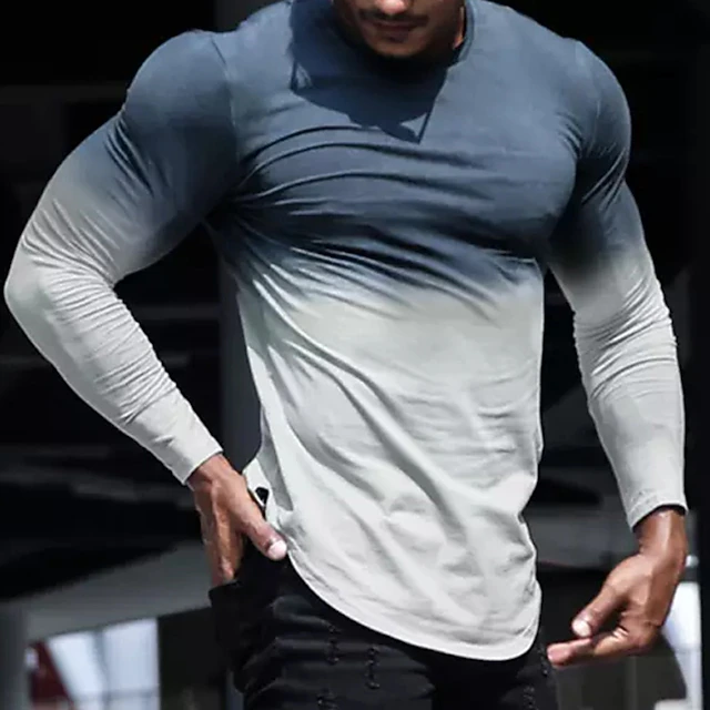 Men's T Shirt Cool Shirt Long Sleeve Shirt Long Sleeve Crew Neck Spring & Fall Gradient Simple Casual Comfortable Vacation Street Holiday Dark Gray Brown Blue-White Top Tee for Men 8