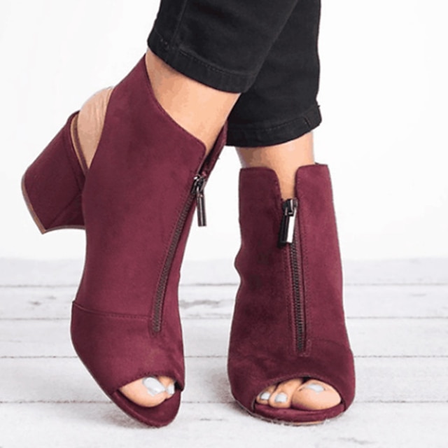  Women's Sandals Boots Suede Shoes Plus Size Sandals Boots Summer Boots Daily Solid Colored Booties Ankle Boots Summer Chunky Heel Peep Toe Elegant Suede Zipper Wine Gray