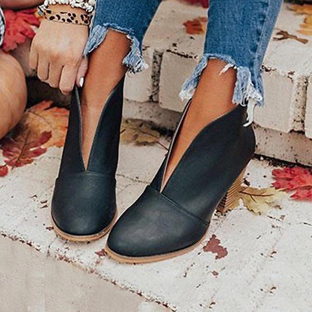 Women's Black Ankle Boots – Trendy V-Cut Slip-On Booties with Chunky Block Heels for Casual & Fall Outfits