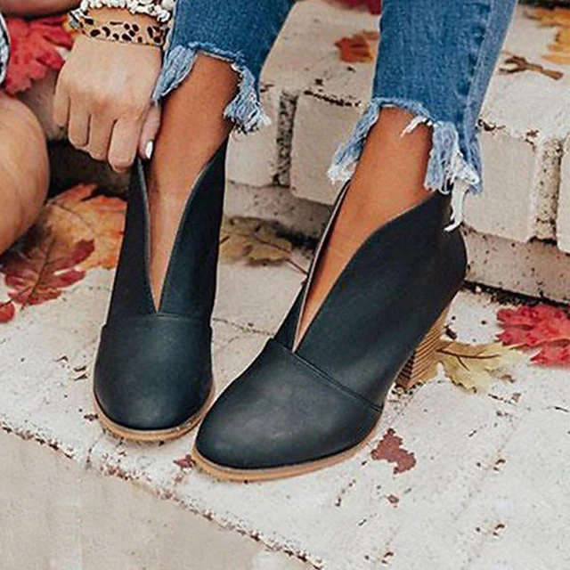 Women's Black Ankle Boots – Trendy V-Cut Slip-On Booties with Chunky Block Heels for Casual & Fall Outfits 13