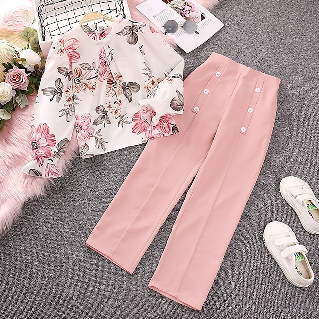  2 Pieces Kids Girls' Floral Crewneck Sweatshirt & Pants Set Long Sleeve Fashion Outdoor 7-13 Years Spring Pink
