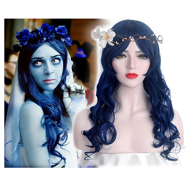  cadavre mariée anime cosplay perruques longue vague bleu foncé perruque de cheveux synthétiques perruques d'Halloween