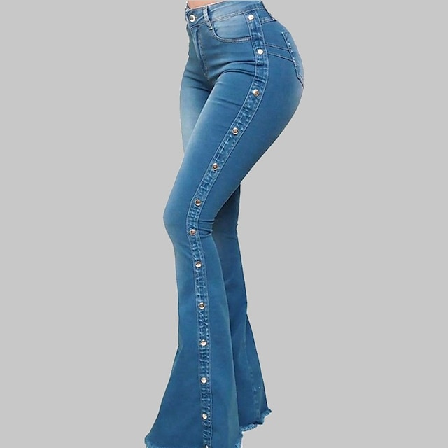  Mulheres Jeans Denim Tecido Preto Azul Moda Comprimento total Casual / Diário Final de semana