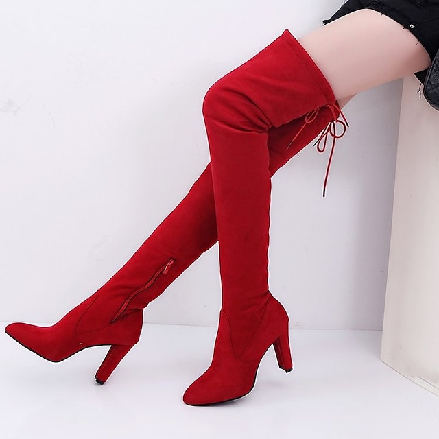  Femme Bottes Chaussures de Noël Chaussures en daim Grandes Tailles Soirée Noël du quotidien Cuissardes Bottes hautes entrejambe Hiver Lacet Talon Bottier Bout pointu Sexy Doux Daim Mocassins Couleur