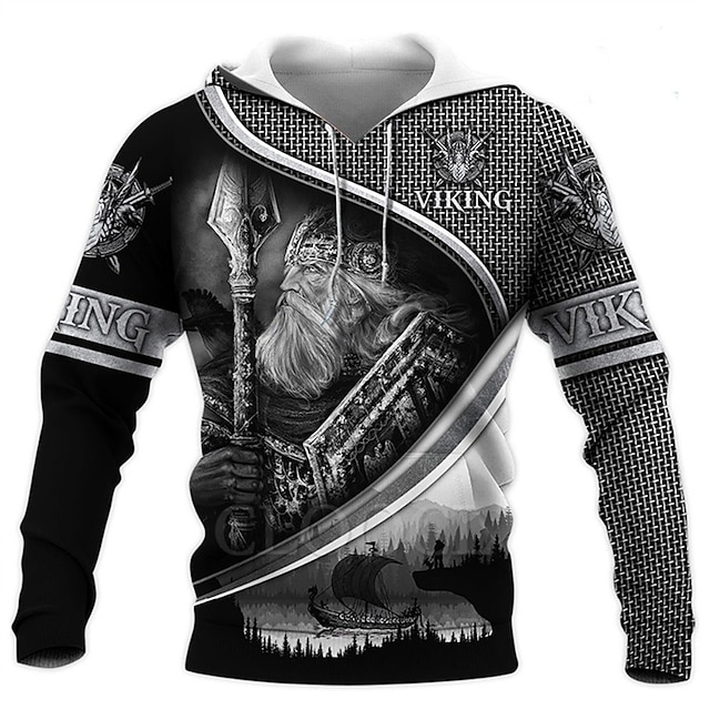  Viking Warrior Mens Graphic Hoodie Unisex Pullover Sweatshirt Gray Hooded Knights Templar Prints Human Daily Sports 3D Streetwear Black Cotton