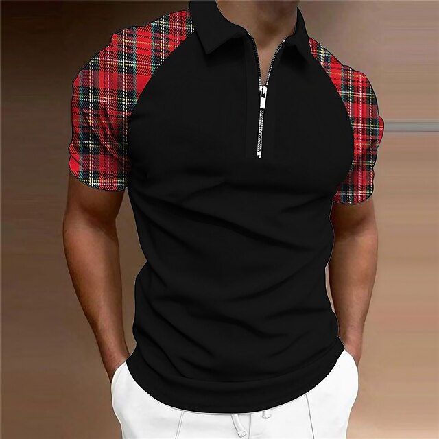 Men's Plaid Polo Shirt Golf Shirt Short Sleeves Shirt Turndown Outdoor Street 3D Print Red Zipper Print Clothing Apparel Fashion Designer Casual Breathable3