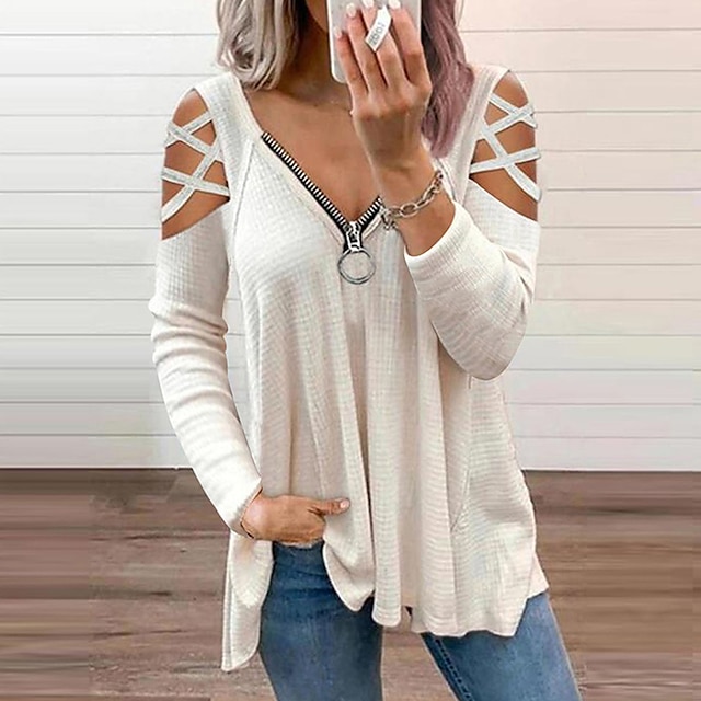  Women's Shirt Blouse Tunic Black White Pink Plain Cut Out Flowing tunic Long Sleeve Daily Weekend Streetwear Casual V Neck Regular S