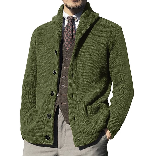  Herr Tröja Cardigan Tröja Ribbad Sticka Beskuren Stickat V-hals Utekväll Helgen Kläder Höst Vinter Armégrön M L XL