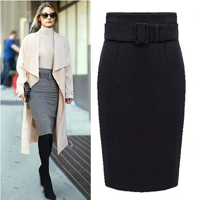 Women's Skirt Pencil Work Skirts Fashion Above Knee Skirts Solid Colored Office / Career Daily Gary Black Wine Fall & Winter Tweed Woolen4