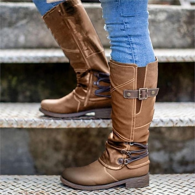  Women's Boots Biker boots Plus Size Riding Boots Outdoor Daily Solid Colored Knee High Boots Winter Buckle Lace-up Block Heel Low Heel Round Toe Vintage Casual PU Leather Zipper Red Blue Brown