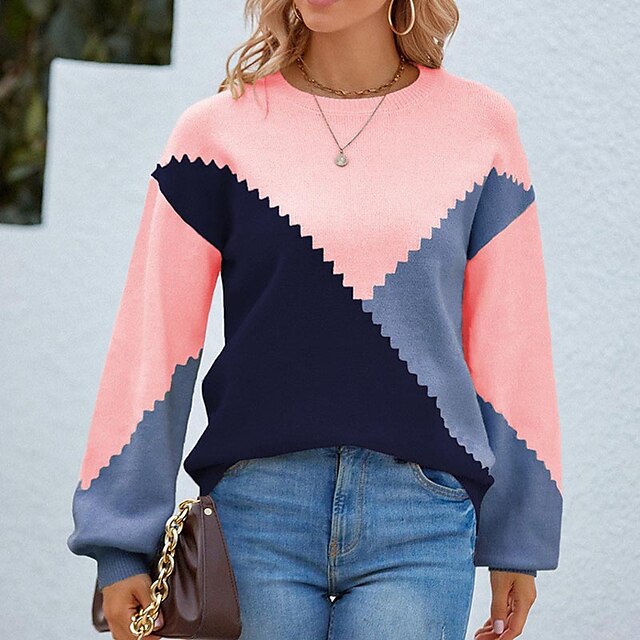  Women's Pullover Sweater Jumper Jumper Ribbed Knit Knitted Crew Neck Geometric Outdoor Daily Stylish Casual Winter Fall Khaki Navy Blue S M L