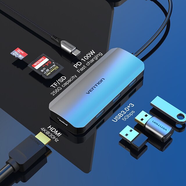  VENTION USB 3.1 USB C Κόμβοι 7 Λιμάνια 7 σε 1 Υψηλής Ταχύτητας OTG Λειτουργία παροχής ενέργειας υποστήριξης Διανομέας USB με HDMI PD 3.0 USB3.0*3 5V / 2A Παράδοση ρεύματος Για