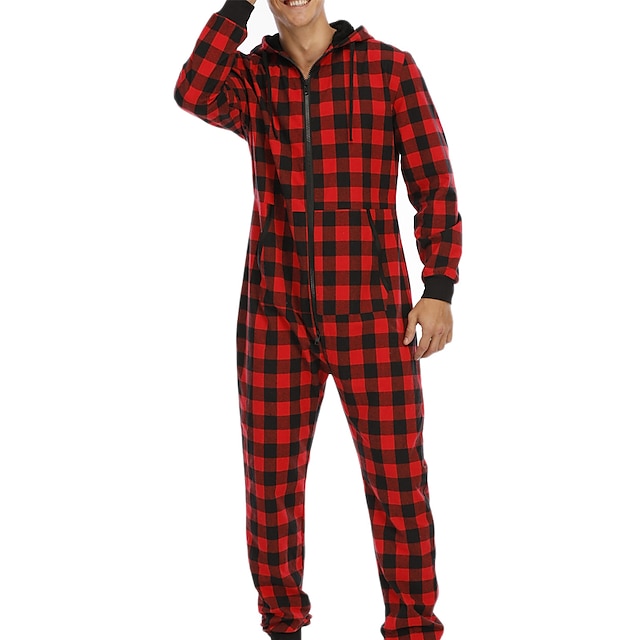  Hombre Ropa de salón Pijama Pijamas de una pieza 1 pc Cuadrícula / Cuadros Moda Confort Suave Hogar Cama Poliéster Templado Escote en V Básico Primavera Otoño Negro Rojo