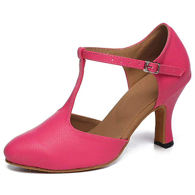 Women's Ballroom Dance Shoes Modern Shoes Practice Professional Waltz Heel Sneaker Lace-up Flared Heel Peep Toe T-Strap White Pink 13