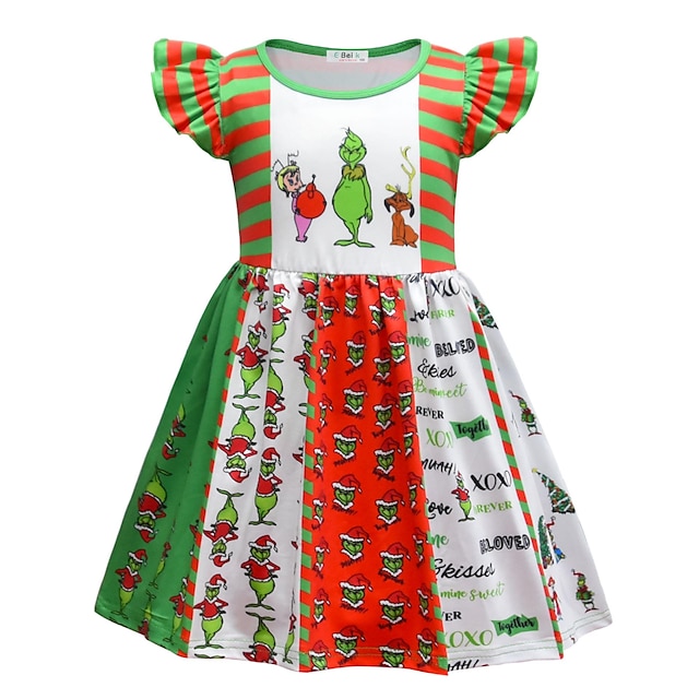 italiensk ulækkert Gentleman børn piger grimme grinch kjole tegneserie stribet a line kjole ferie grøn  asymmetrisk kortærmede søde kjoler jul forår sommer regular fit 2-8 år 2023  - US $29.15