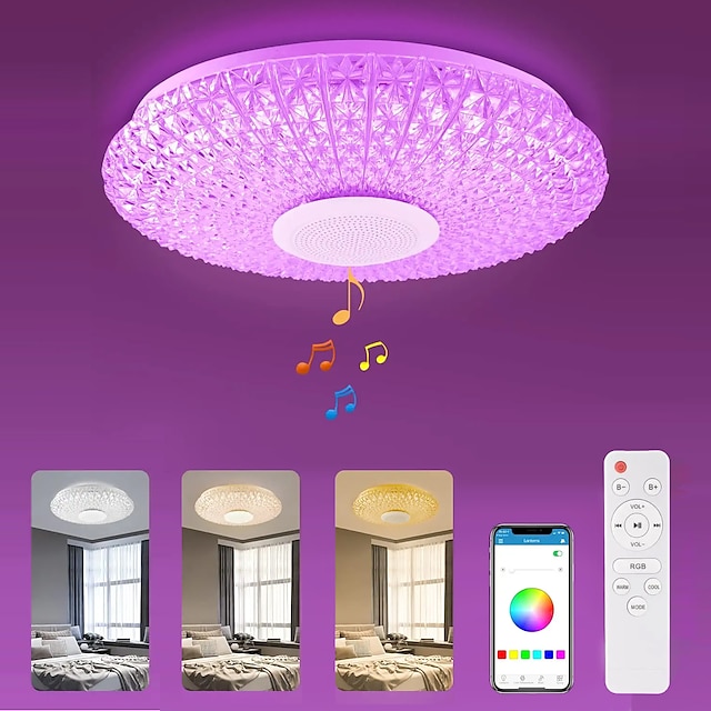  LED-Musik-Deckenleuchte 15,6 in 36 W mit Bluetooth-Lautsprecher Fernbedienung Farbwechsel Fernbedienung / Smartphone-App-Steuerung geeignet für Küche Wohnzimmer Schlafzimmer Kinderzimmer Flur