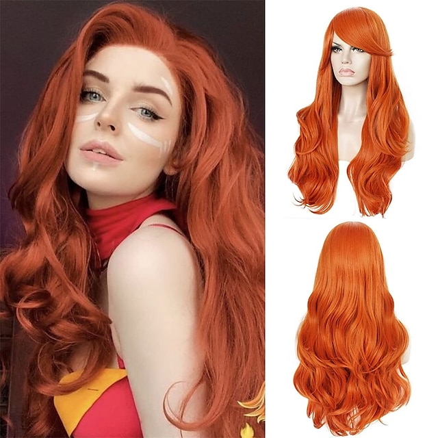 28 70cm Kim Possible Wig For Women Long Ginger Orange Wavy Wig Redhead Hair Synthetic Wig For