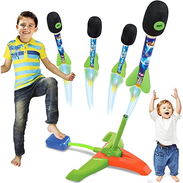  lanciarazzi giocattolo per bambini - 4 razzi colorati con razzi a fischio e angolo regolabile robusto supporto di lancio con piattaforma di lancio a piedi divertente giocattolo all'aperto per ragazzi