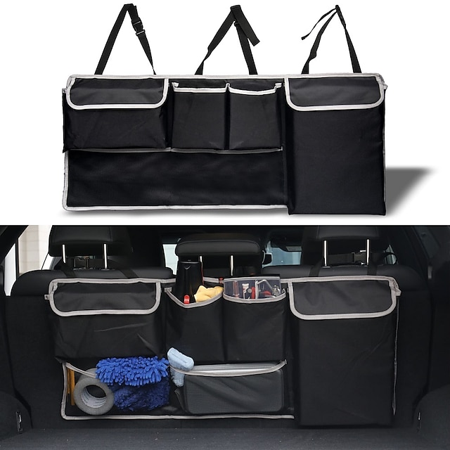  Organizador para pendurar no porta-malas do carro, bolsa para pendurar no banco traseiro, acessórios para o interior do carro, com 4 bolsos, 2 bolsas de malha, armazenamento para mantimentos, fornece