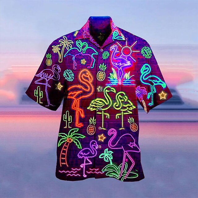 Men's Shirt Summer Hawaiian Shirt Camp Collar Shirt Fluorescent Turndown Yellow Red Light Purple