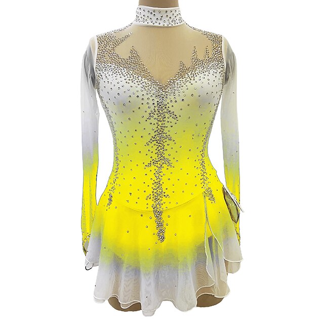 Figure Skating Dress Women's Girls' Ice Skating Dress White Yellow Pink Thumbhole Spandex High