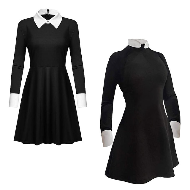 Women Wednesday Addams Cosplay Costume Black Long Sleeve Dress