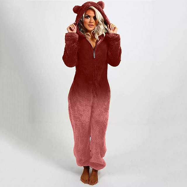  Women's Fleece Hoodie Adult Onesies Bear Onesie Pajamas Jumpsuits Pjs Patchwork Comfort Soft Home Bed Cashmere Warm Hoodie Long Sleeve Winter Fall Purple Red / Zipper