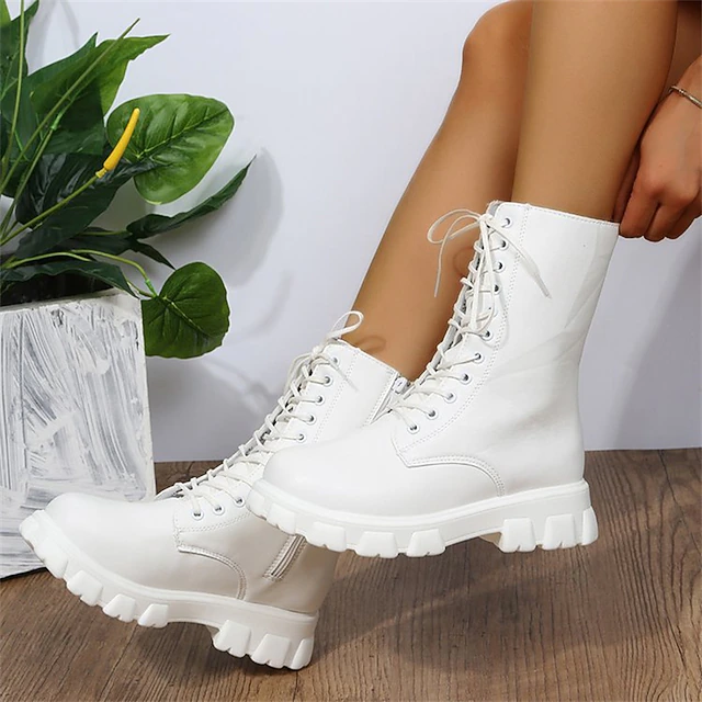 Women's White Combat Boots with Chunky Lug Sole, Lace-Up Mid-Calf Boots for Casual Streetwear, Outdoor Walking and Fall Winter Outfits 7