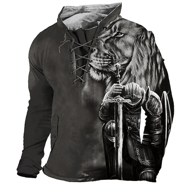  Men's Unisex Sweatshirt Black Red Blue Purple Brown Hooded Lion Knights Templar Graphic Prints Lace up Pocket Print Daily Sports 3D Print Streetwear Designer Casual Spring &  Fall Clothing Apparel