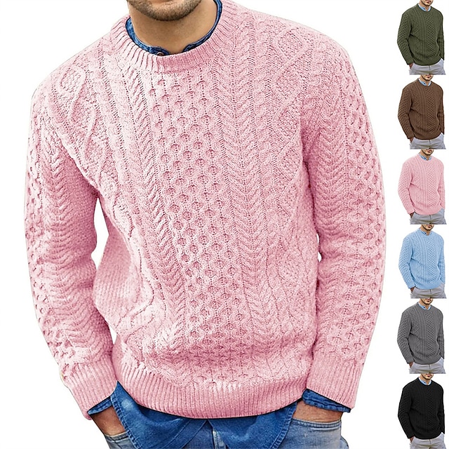  Men's Pullover Sweater jumper Ribbed Knit Knitted Cropped Crew Neck Solid Color Outdoor Daily Basic Stylish Clothing Apparel Fall Winter Blue Pink M L XL / Cotton / Long Sleeve / Long Sleeve
