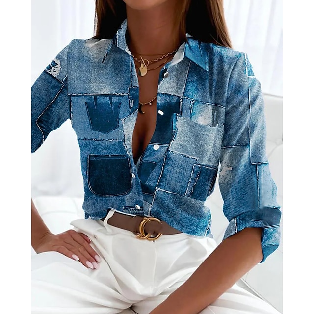  Women's Blouse Shirt Blue Button Print Color Block Daily Weekend Long Sleeve Shirt Collar Streetwear Casual Regular S